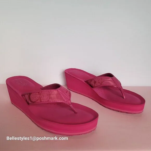 COACH Jaicee Wedge Platform Sandals in Signature Fabric-Fuchsia color.Size 9.5B⭐ - Picture 5 of 16